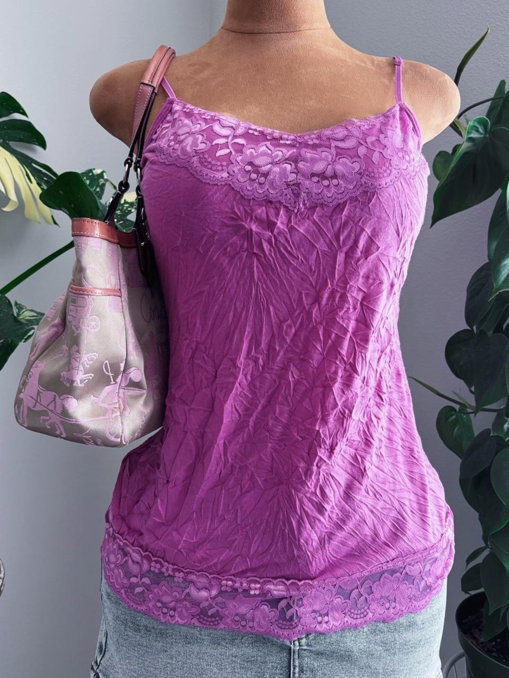 Y2K Pink Crinkle Lace Cami | McBling Barbiecore Tank Size Large ✨💖